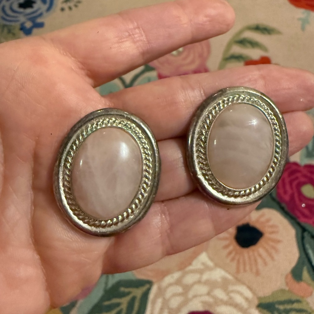Vintage Rose Quartz Clip On Earrings Silver Tone Oval Rope Border Statement